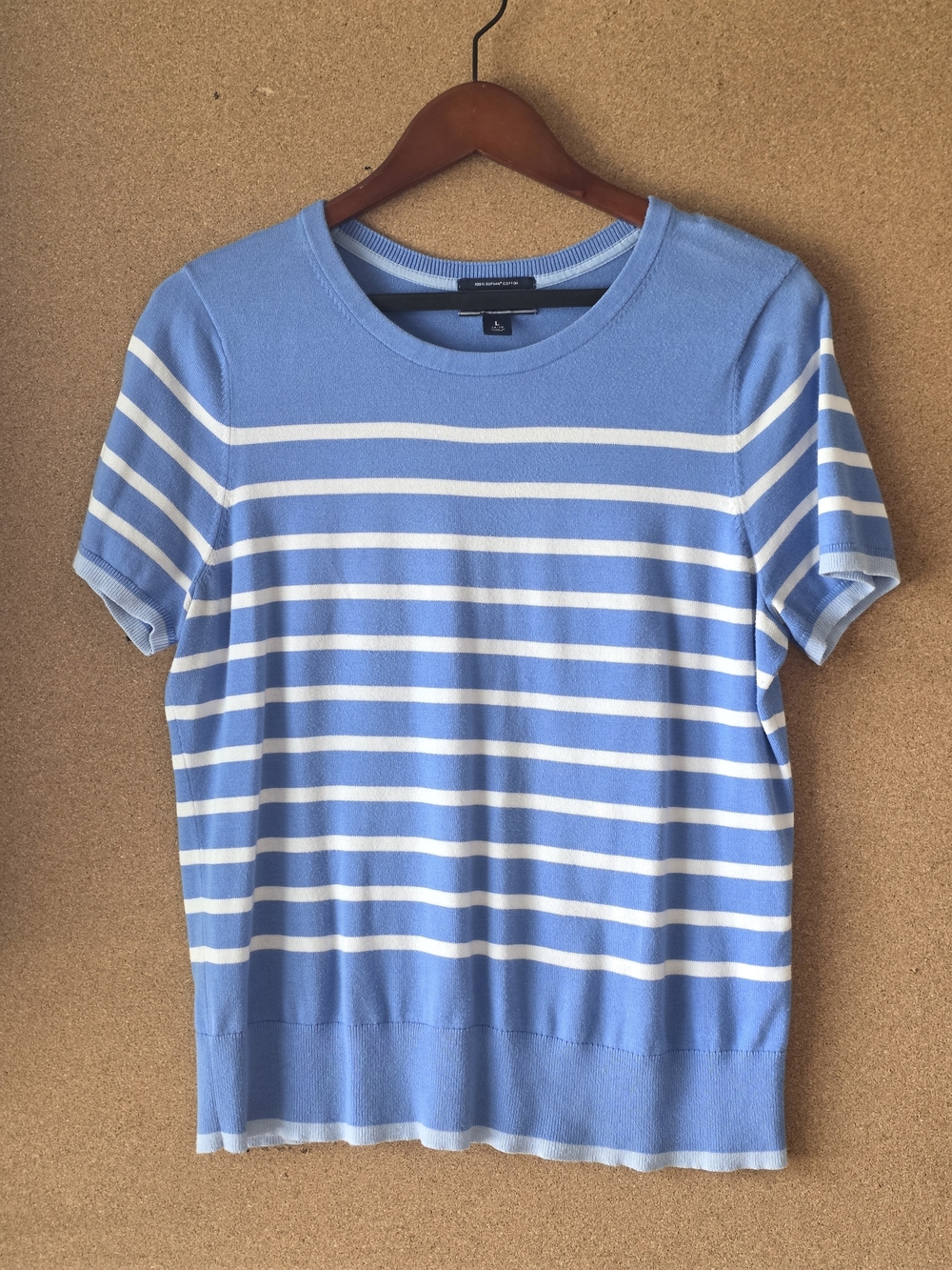 Lands' End Blue White Striped Supima Cotton Short Sleeve Sweater Knit Top L
